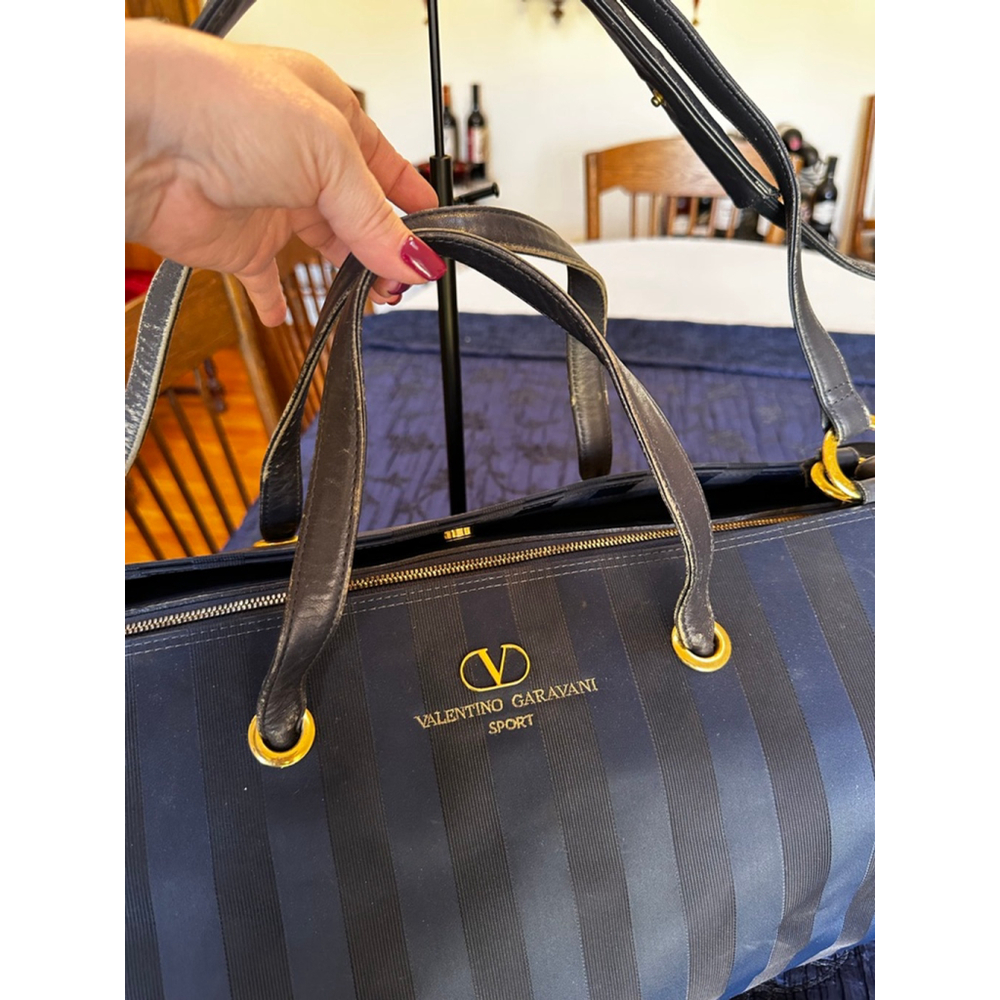 Valentino Garavani Leather & Nylon Navy Striped Travel Bag - Picture 3 of 16